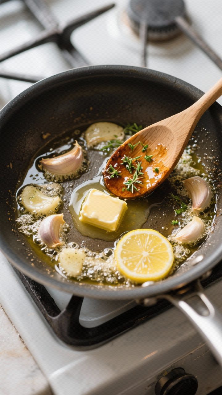 Cooking process: Overhead shot of the sauce-building stage in the skillet—garlic sizzling in butte