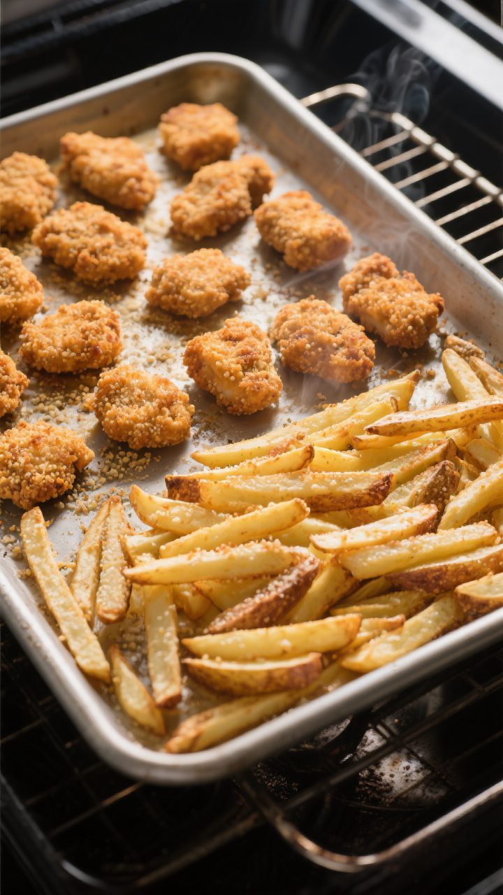 Cooking process: Overhead shot of the sheet pan mid-bake after flipping fries—half the pan filled