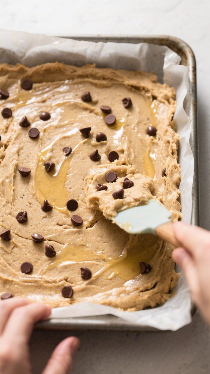 Cooking process: Overhead shot of the thick cookie bar dough being evenly pressed into the parchment