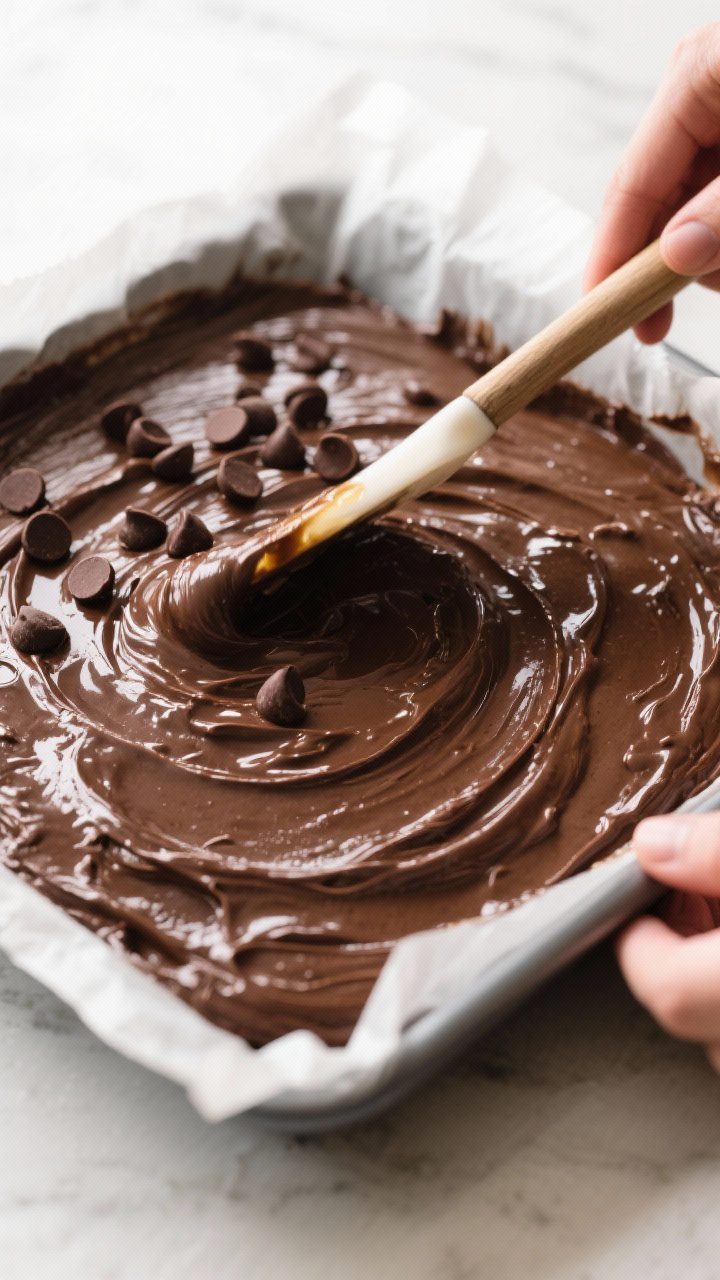 Cooking process: Overhead shot of the thick, dark brownie batter being smoothed in the prepared parc
