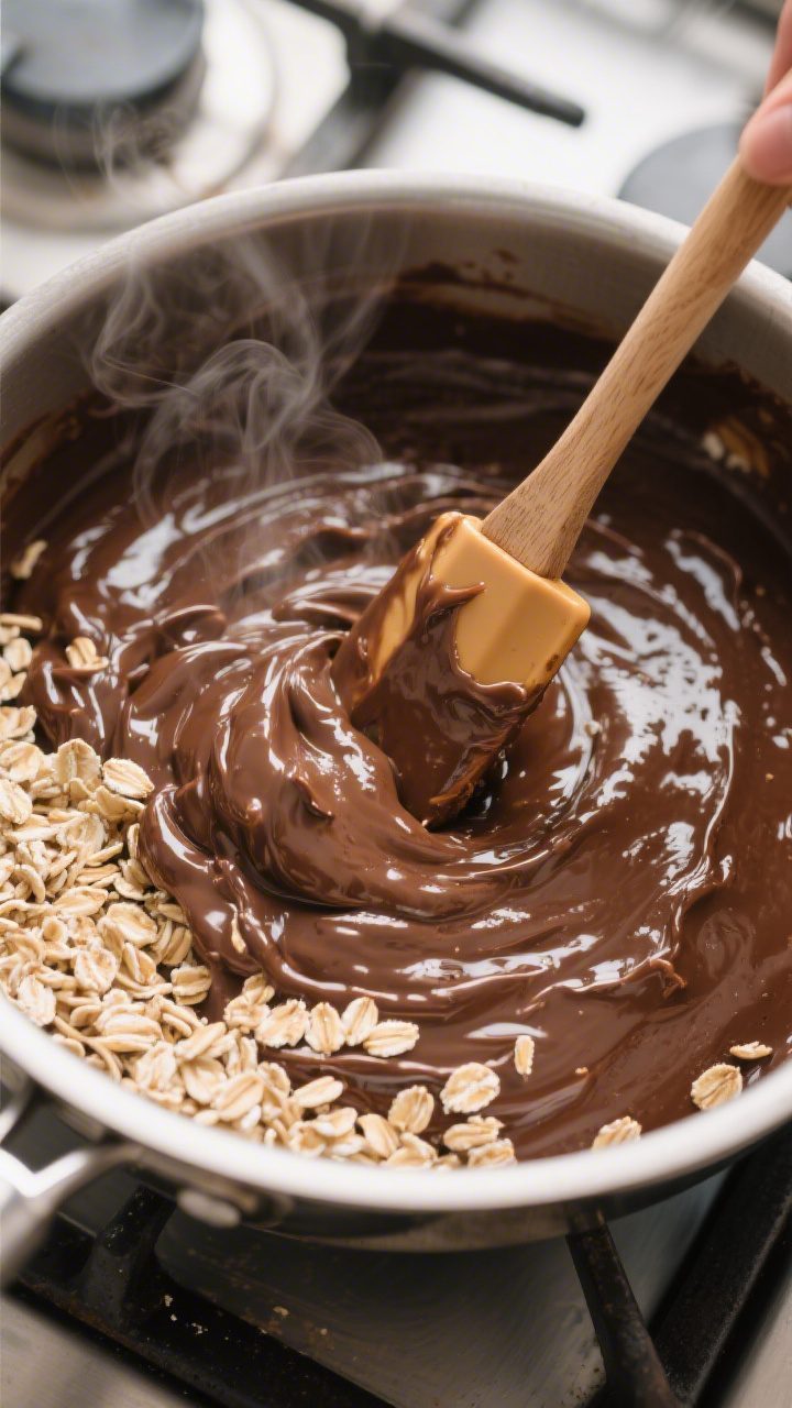 Cooking process: Overhead shot of the thick, shiny chocolate-peanut-butter mixture being folded with