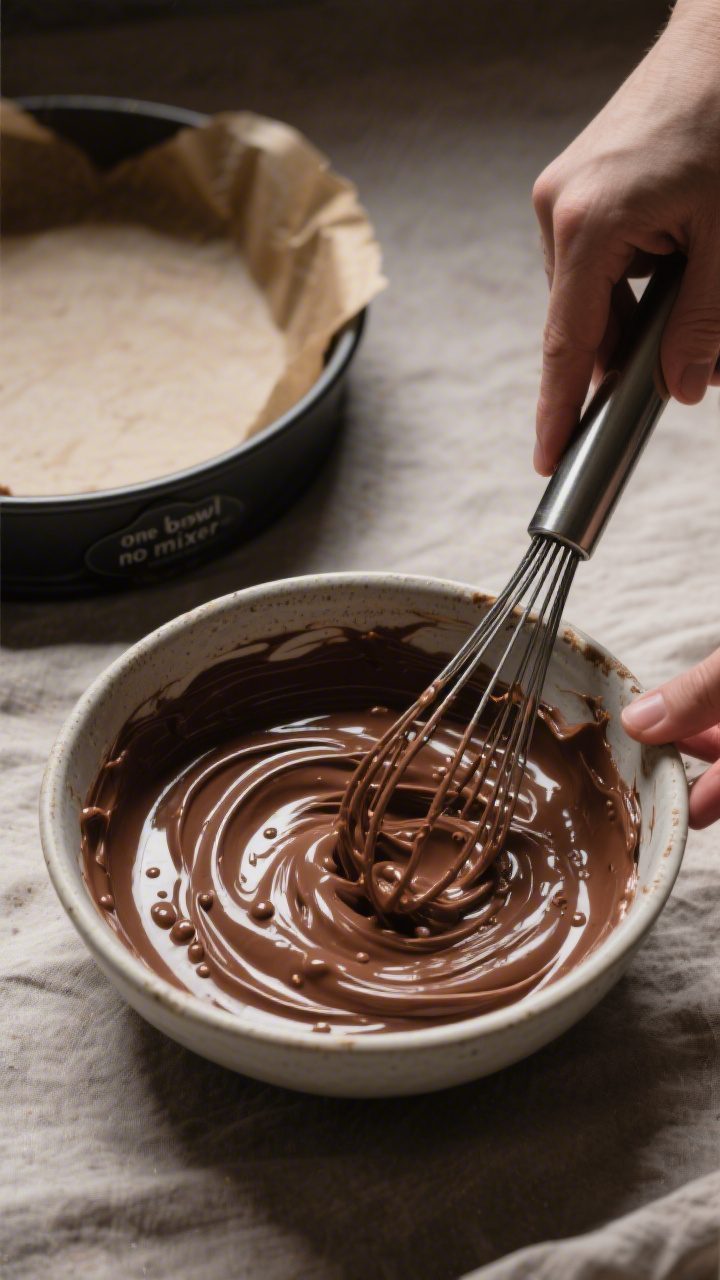 Cooking process: Overhead shot of the thin, velvety chocolate batter being whisked smooth in a singl