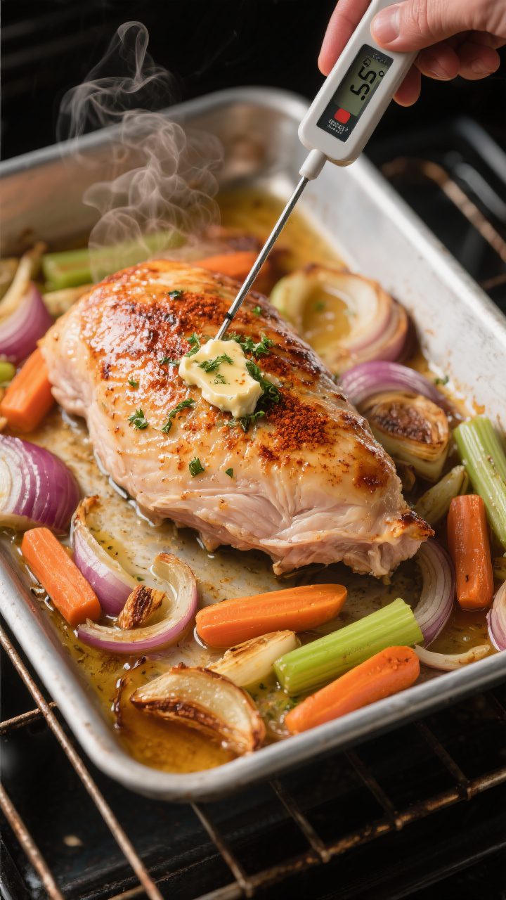 Cooking process: Overhead shot of the turkey breast finishing in the oven at high heat for skin cris