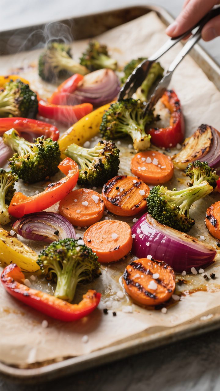 Cooking process: Roasted veggies just out of the oven on a parchment-lined sheet pan—broccoli flor