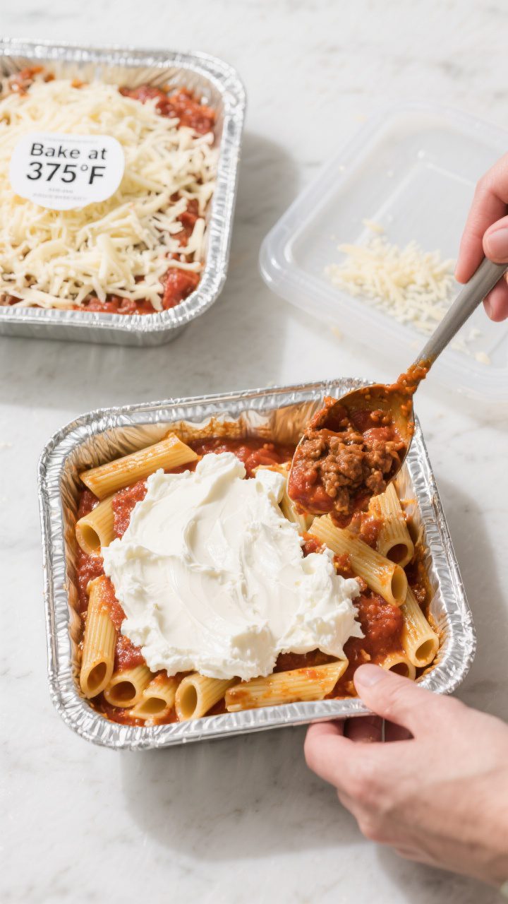 Cooking process scene: Assembling freezer-friendly baked ziti in a disposable foil pan—overhead sh