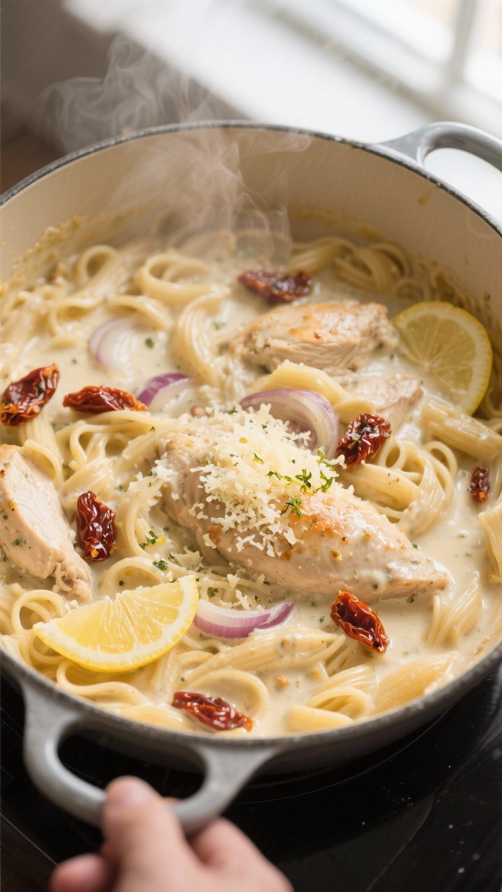 Cooking process scene: One-pot creamy chicken pasta mid-simmer in a wide, heavy-bottomed Dutch oven;