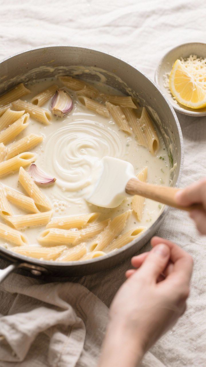 Cooking process scene: Overhead shot of the one-pot pasta mid-simmer in a wide, heavy pot; penne sub