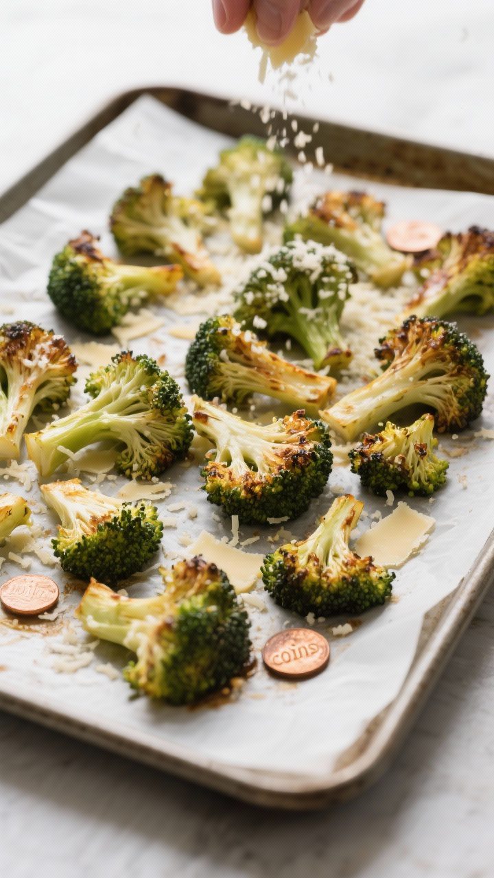Cooking process shot: Broccoli florets arranged cut-side down in a single layer on a parchment-lined