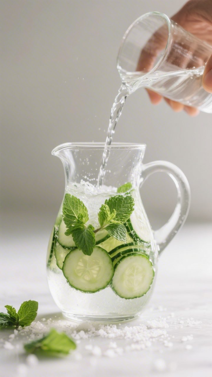 Cooking process shot: building the pitcher stage with prepared elements already in place—thin cucu