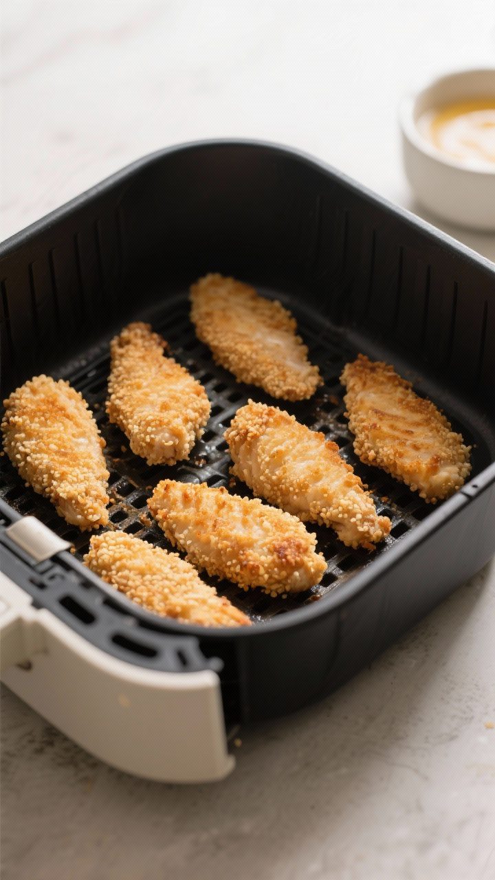 Cooking process shot: chicken tenders mid-air-fry at the flip, arranged in a single layer in a prehe