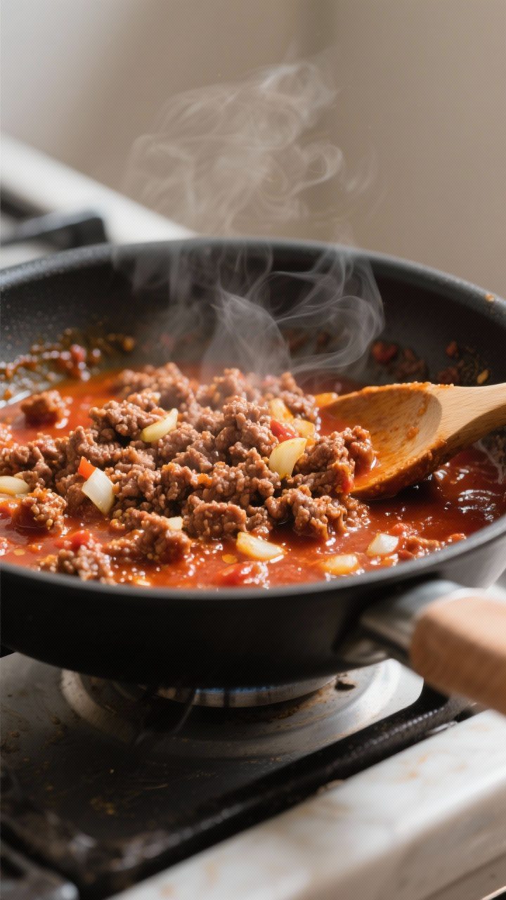 Cooking process shot: Ground beef simmering in a skillet after spices are bloomed—beef crumbles co