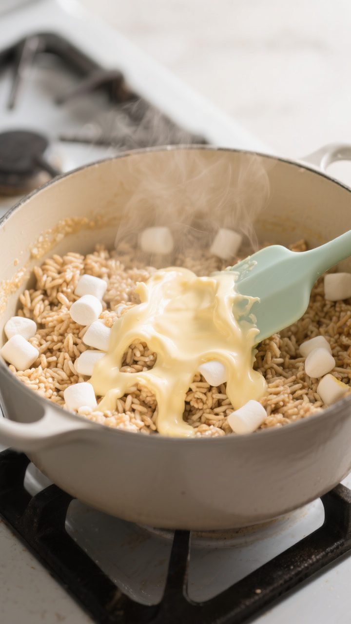 Cooking process shot: Melted butter and marshmallow mixture just folded into crispy rice cereal in a