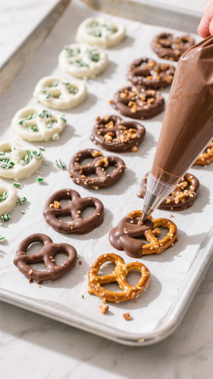 Cooking process shot: Overhead view of a baking sheet lined with parchment showing freshly dipped pr