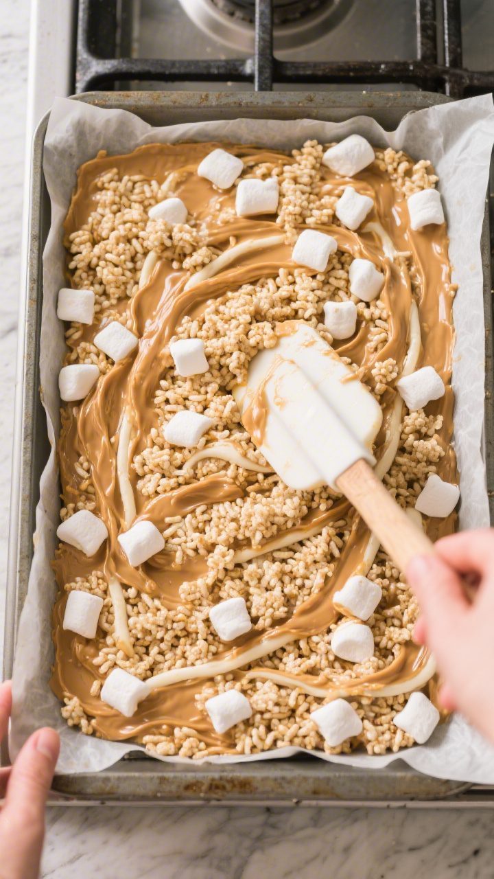 Cooking process shot: Overhead view of the warm peanut-butter-marshmallow-coated Rice Krispies being