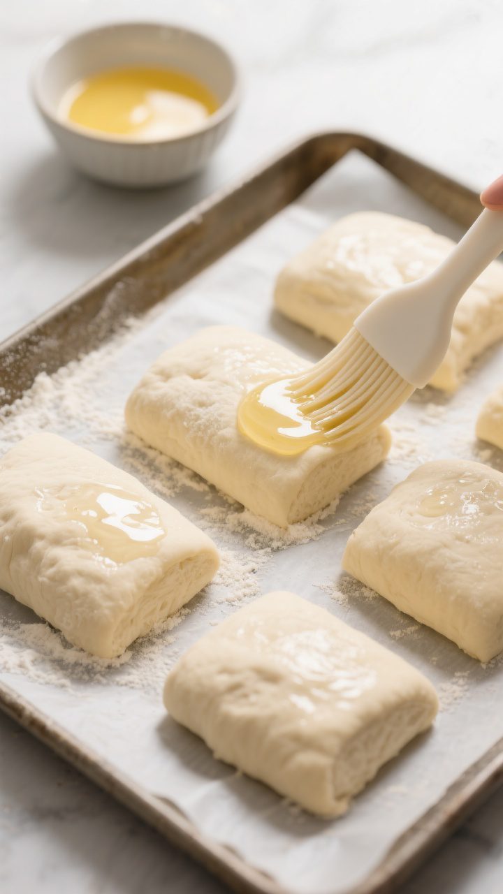 Cooking process shot: Shaped rectangular dough pieces after the second rise, puffy and soft, on a pa