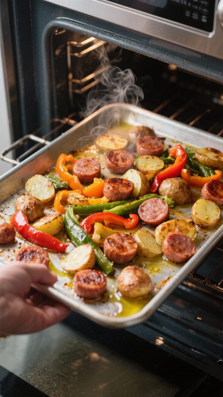 Cooking process shot: sheet pan pulled from the oven mid-cook, vegetables tossed and sausage rounds