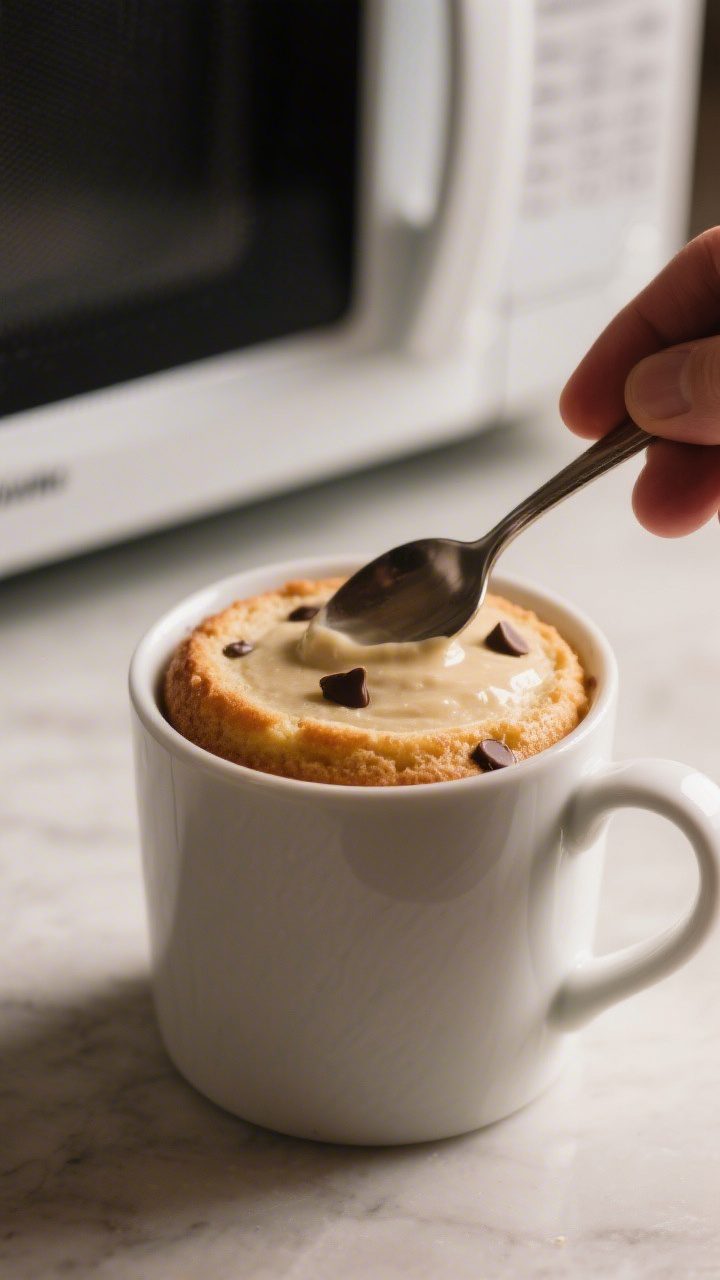 Cooking process: Step-by-step moment of the batter in the mug right after microwaving, showing donen