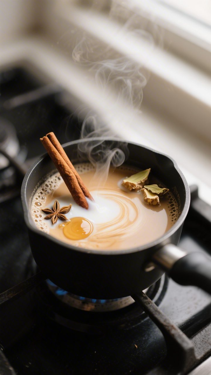 Cooking process, stovetop chai in action: Close-up of a small saucepan at a gentle simmer showing cr