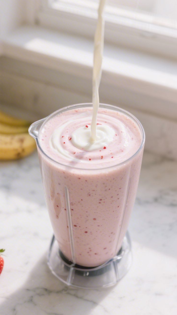 Cooking process: Strawberry banana smoothie mid-blend in a high-speed blender jar, creamy pale pink