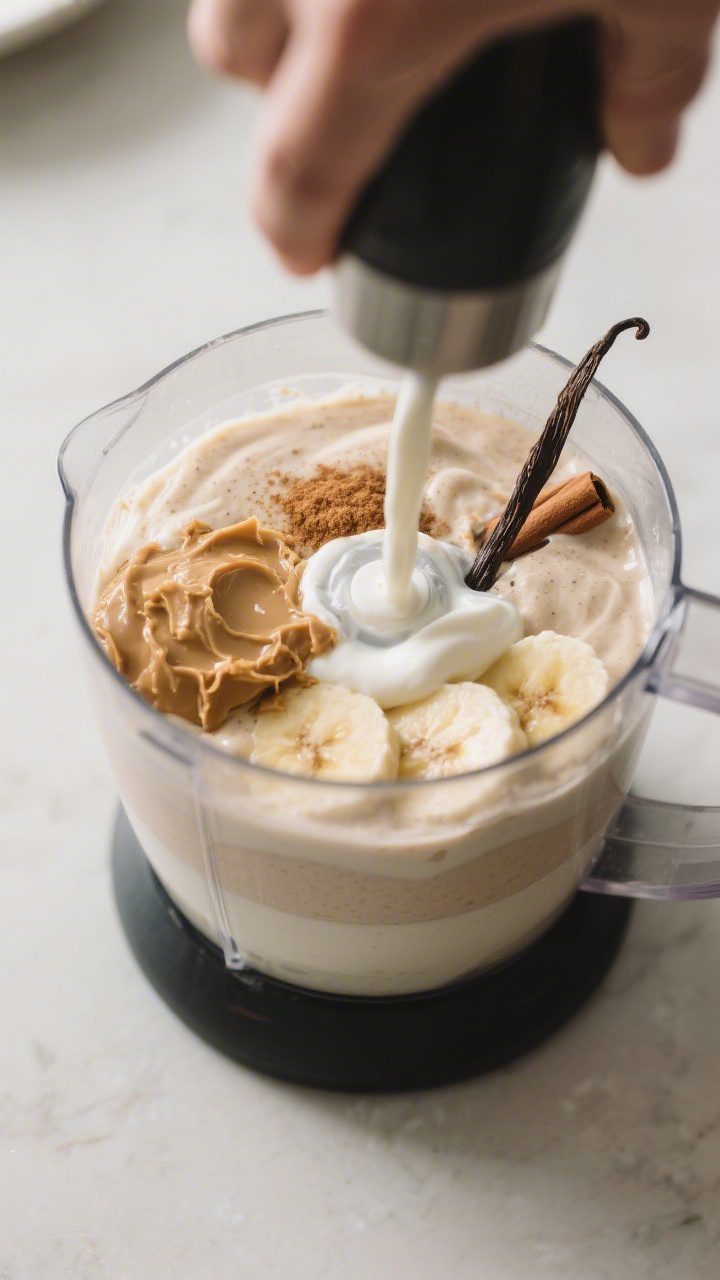 Cooking process: The smoothie mid-blend in a high-speed blender jar, viewed from slightly above, sho