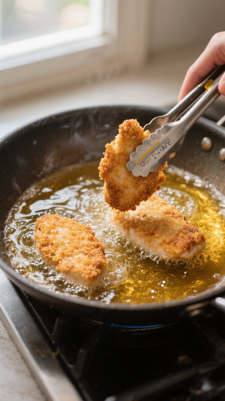 Cooking process: Two breaded chicken cutlets frying in a heavy skillet of shimmering peanut oil at 3