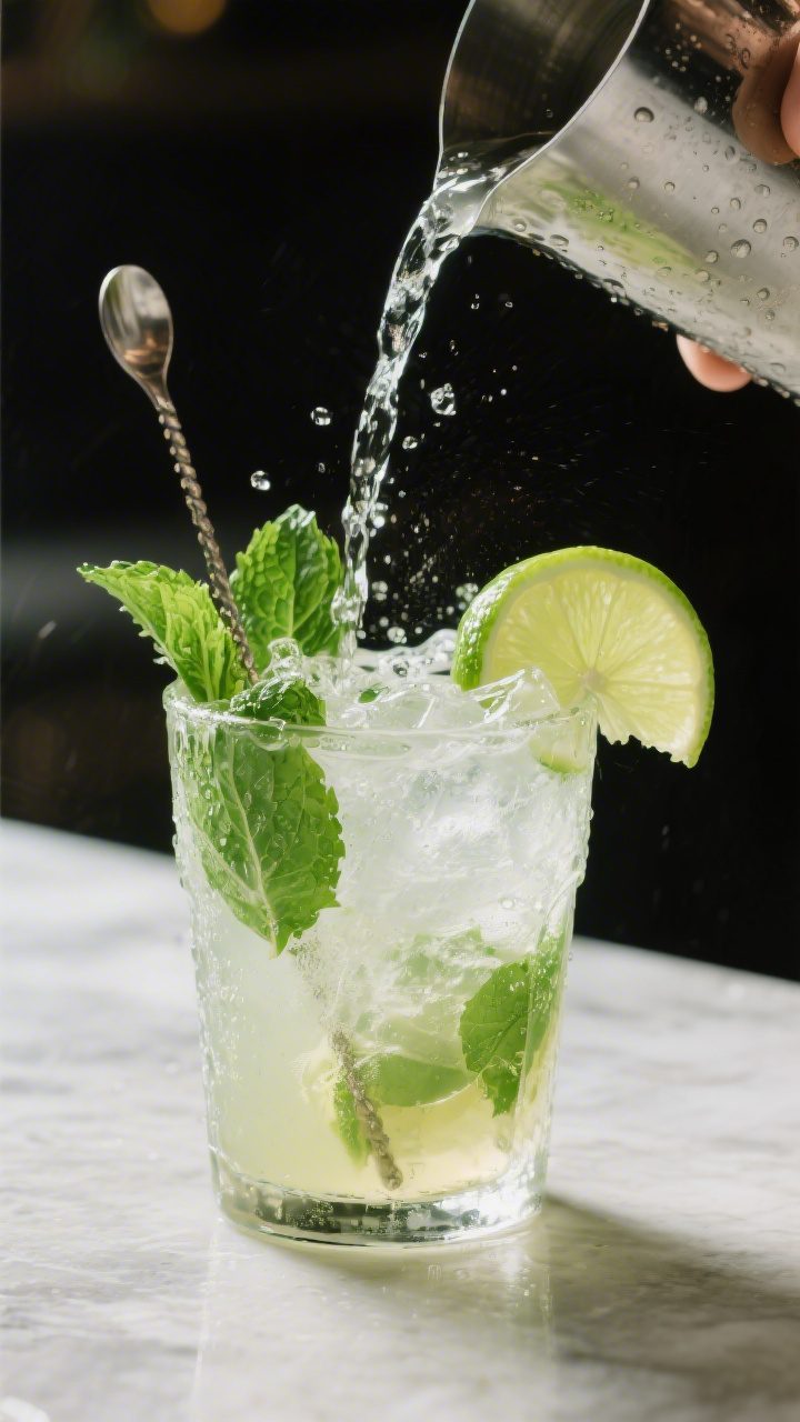 Cooking process: Virgin mojito being finished—sparkling water pouring in and fizz rising through t