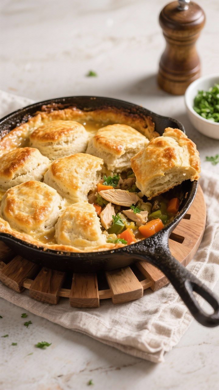 Final dish, overhead serving moment: Overhead shot of the finished chicken pot pie skillet on a wood
