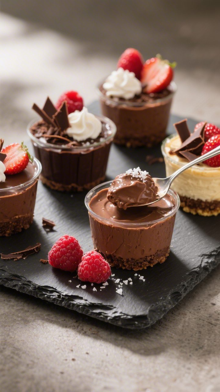 Final dish – party-ready presentation: Beautifully plated no-bake chocolate cheesecake cups fully