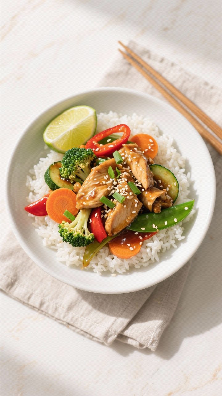 Final dish plated: Beautifully presented Healthy Chicken Stir Fry over fluffy jasmine rice in a wide