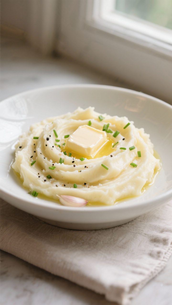 Final dish plated: Creamy garlic mashed potatoes swirled into soft peaks in a wide, low white bowl,