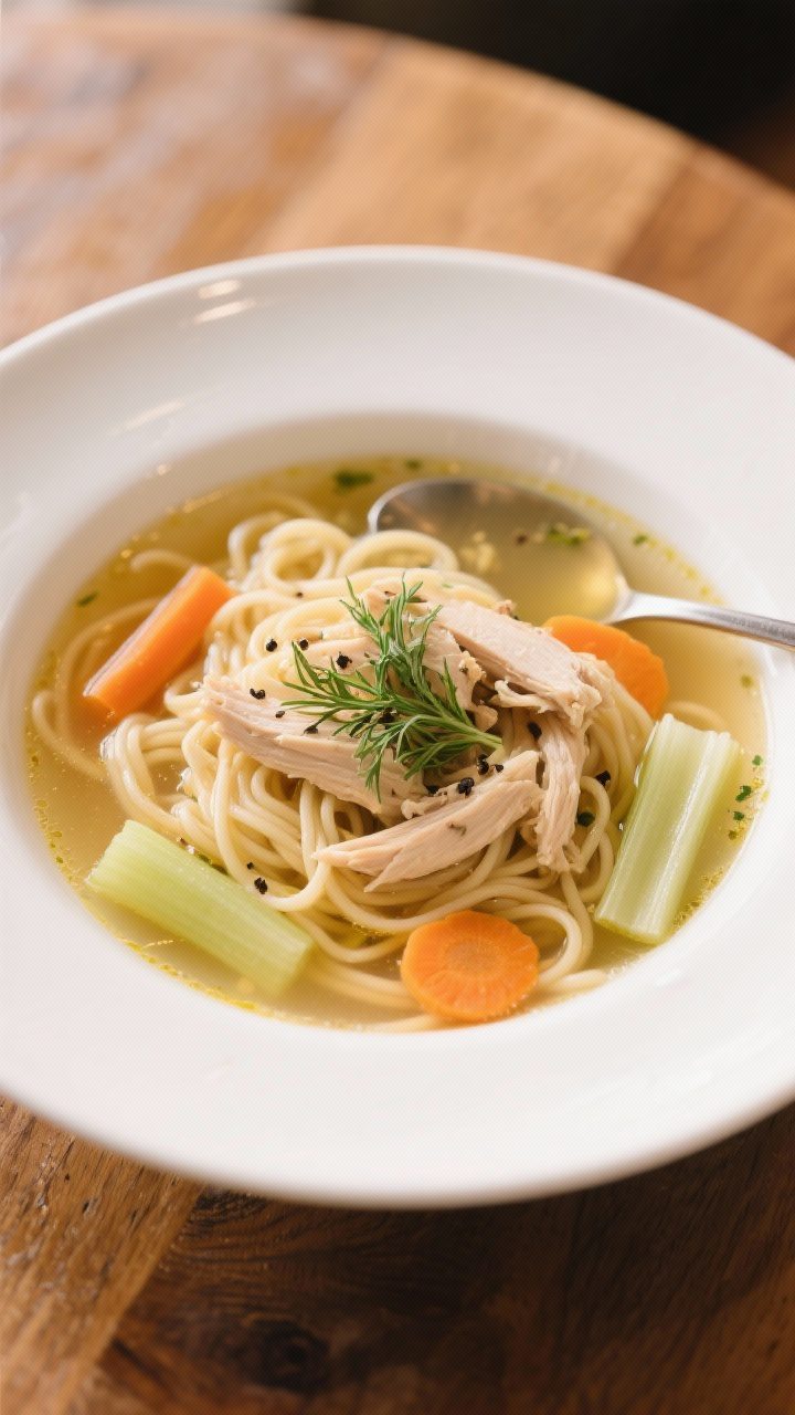 Final dish, plated elegance: Beautifully plated chicken noodle soup served in a wide, shallow white