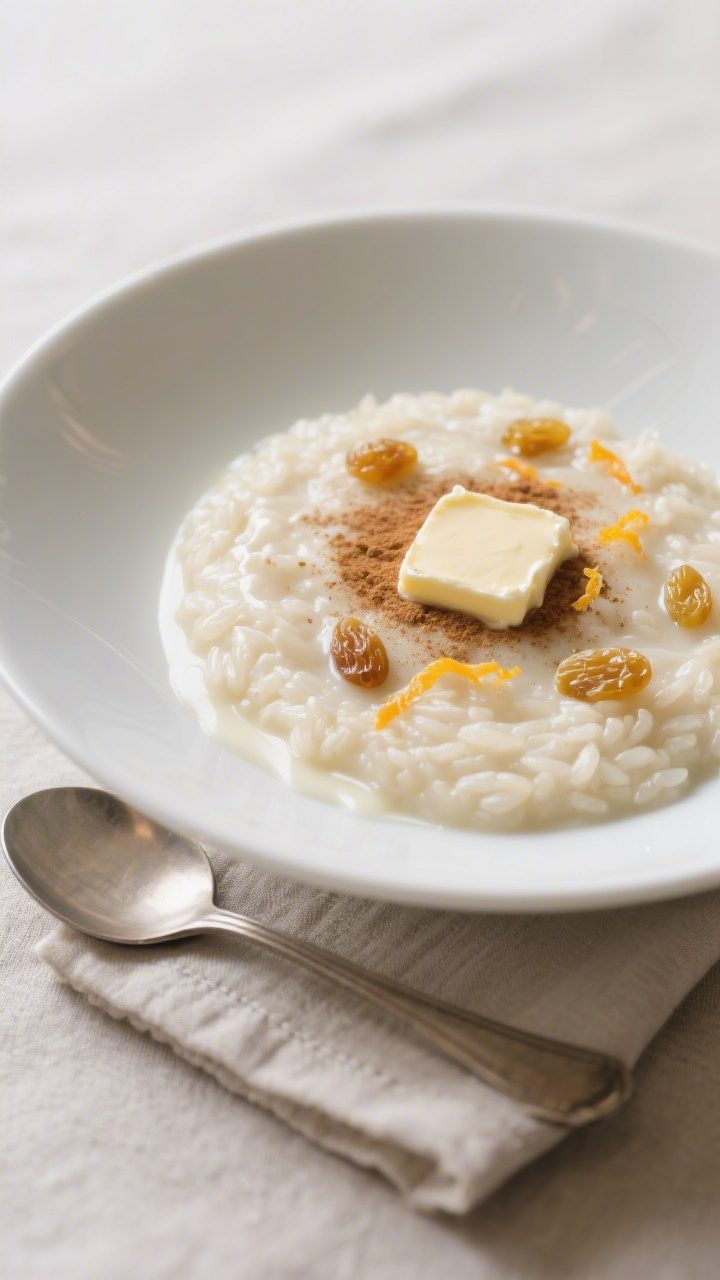 Final dish, plated elegance: Warm stovetop rice pudding spooned into a matte white shallow bowl, lus