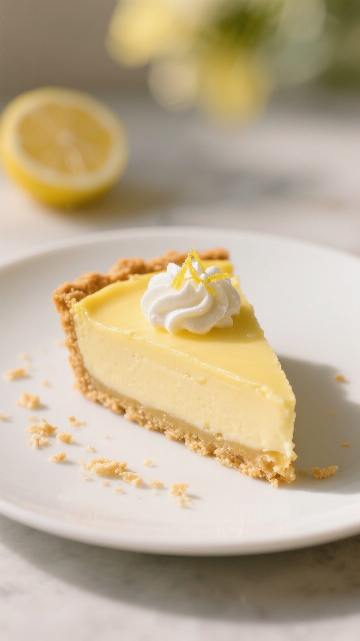 Final dish presentation: A single, neat slice of No-Bake Lemon Icebox Pie plated on a matte white de