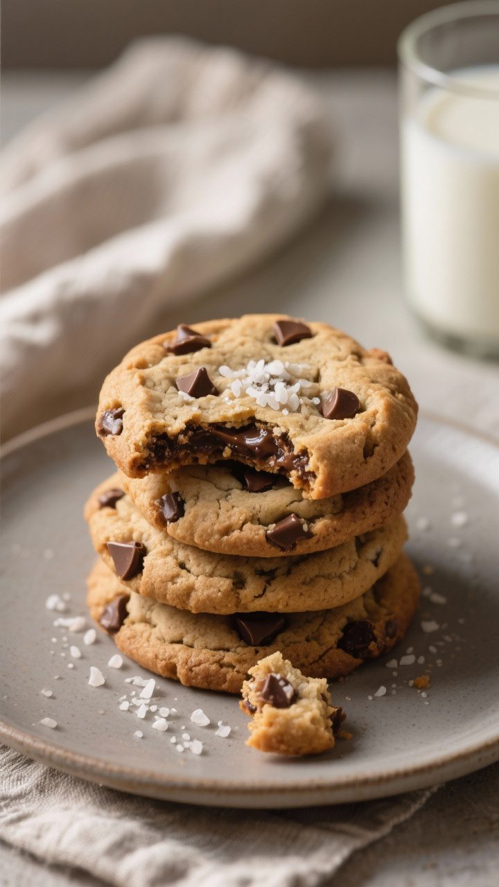 Final dish presentation: A stack of soft and chewy chocolate chip cookies on a matte ceramic plate w