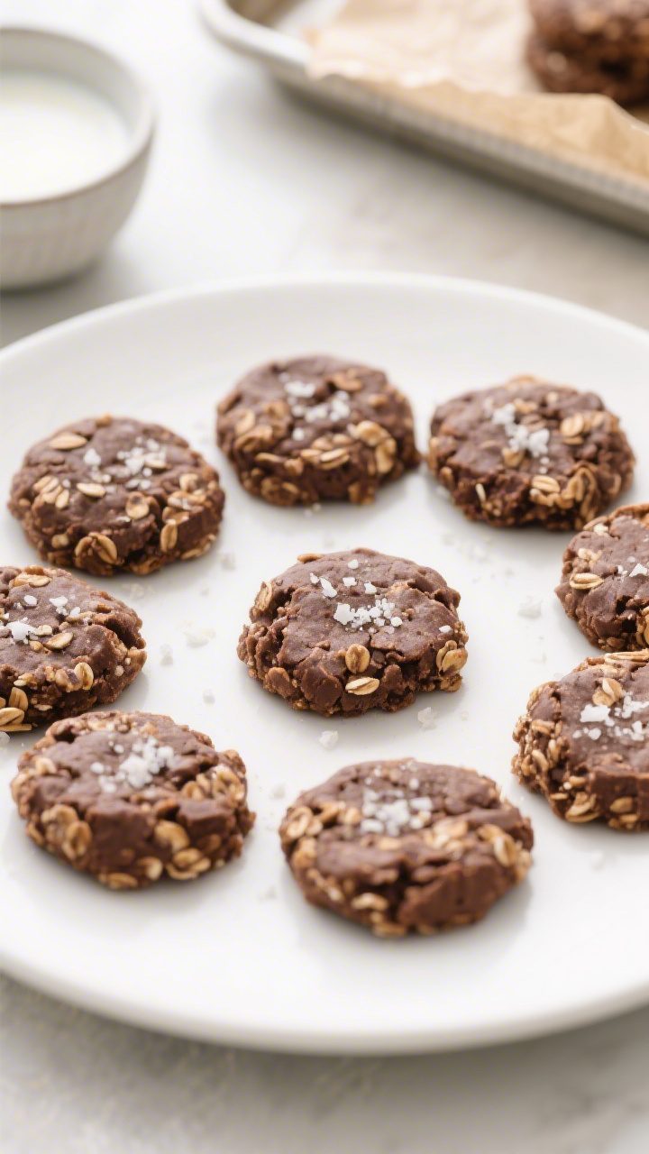 Final dish presentation: Beautifully arranged no-bake chocolate oatmeal cookies on a matte white pla