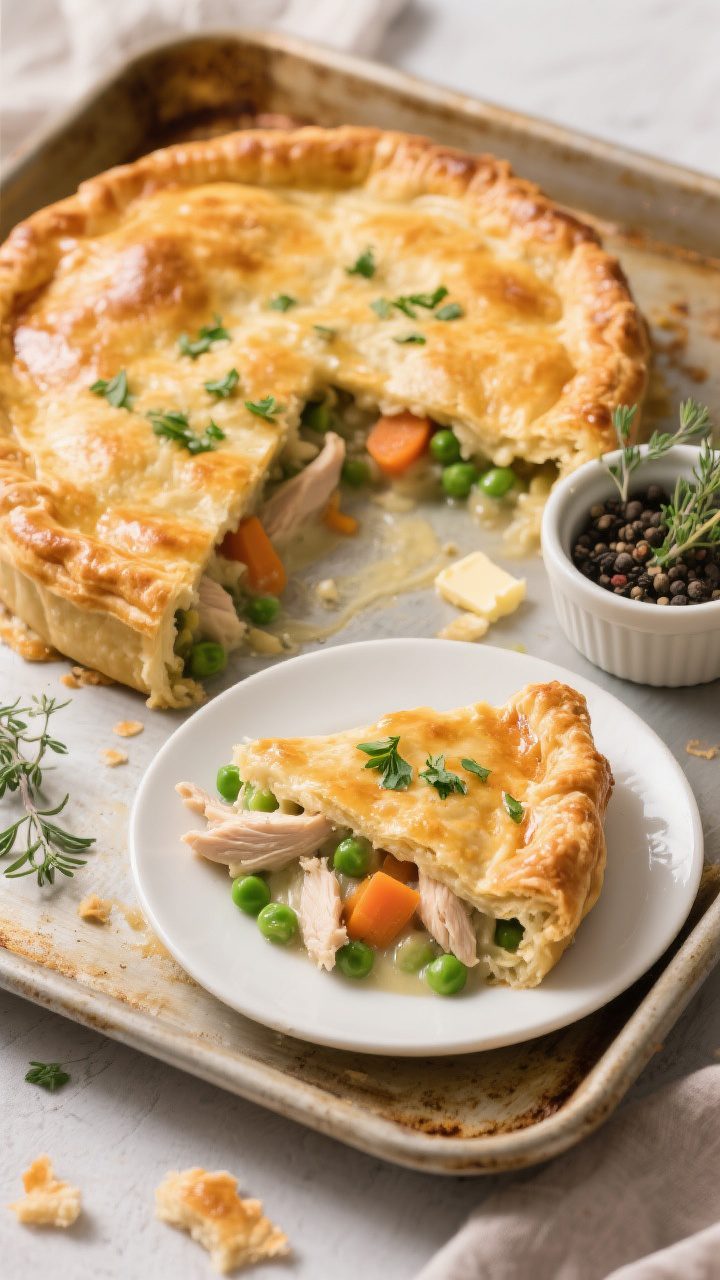 Final dish presentation: Beautifully baked chicken pot pie with a deeply golden, flaky top crust on