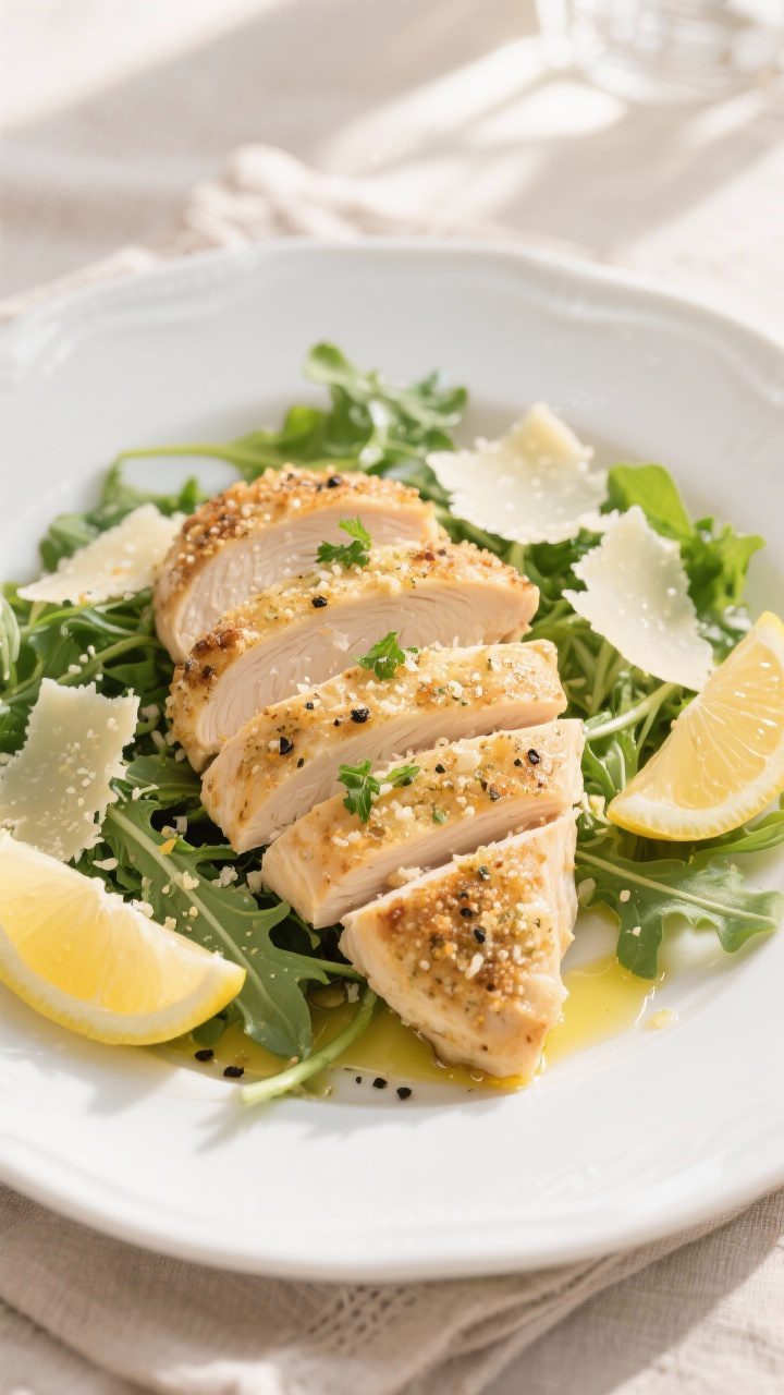 Final dish presentation: Beautifully plated Air Fryer Garlic Parmesan Chicken Breast sliced on a whi