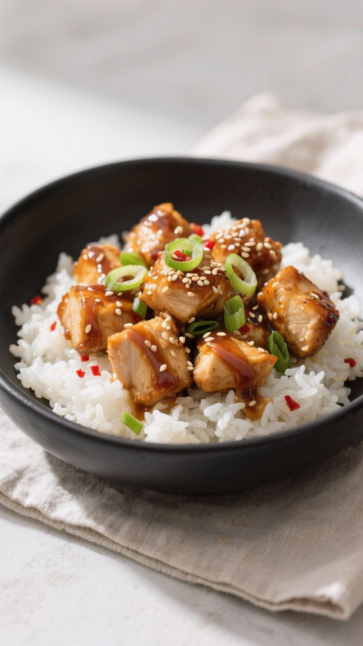 Final dish presentation: Beautifully plated Air Fryer Honey Garlic Chicken Bites over fluffy white r