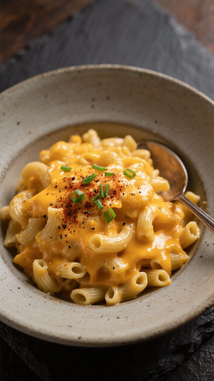 Final dish presentation: Beautifully plated bowl of mac and cheese with extra meltiness from cheddar