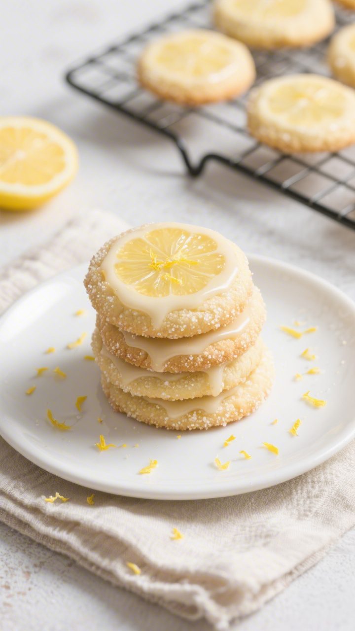 Final dish presentation: Beautifully plated Chewy Lemon Sugar Cookies stacked and fanned on a simple
