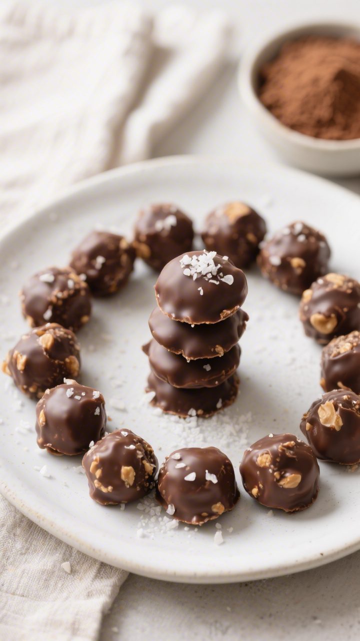 Final dish presentation: Beautifully plated Chocolate Peanut Butter Energy Bites arranged in a neat