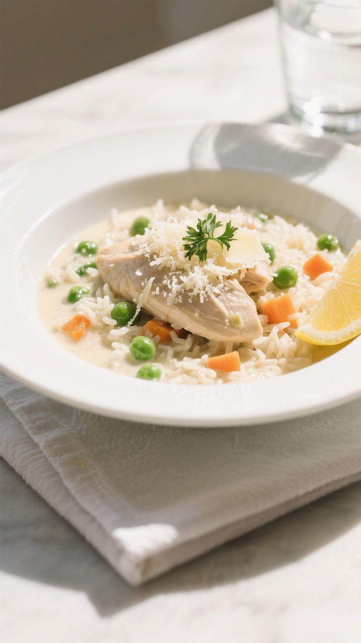 Final dish presentation: Beautifully plated Creamy Chicken and Rice in a wide, shallow white bowl, t