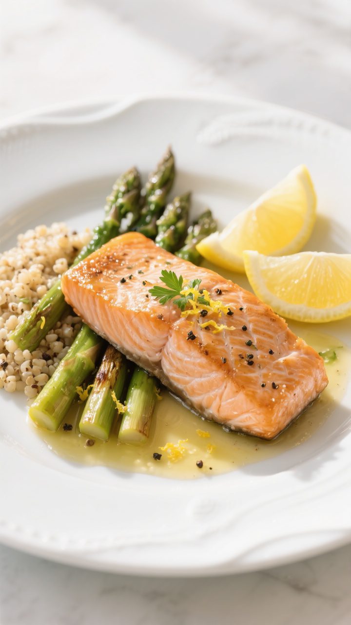Final dish presentation: Beautifully plated lemon pepper salmon on a white ceramic plate, fillet fla