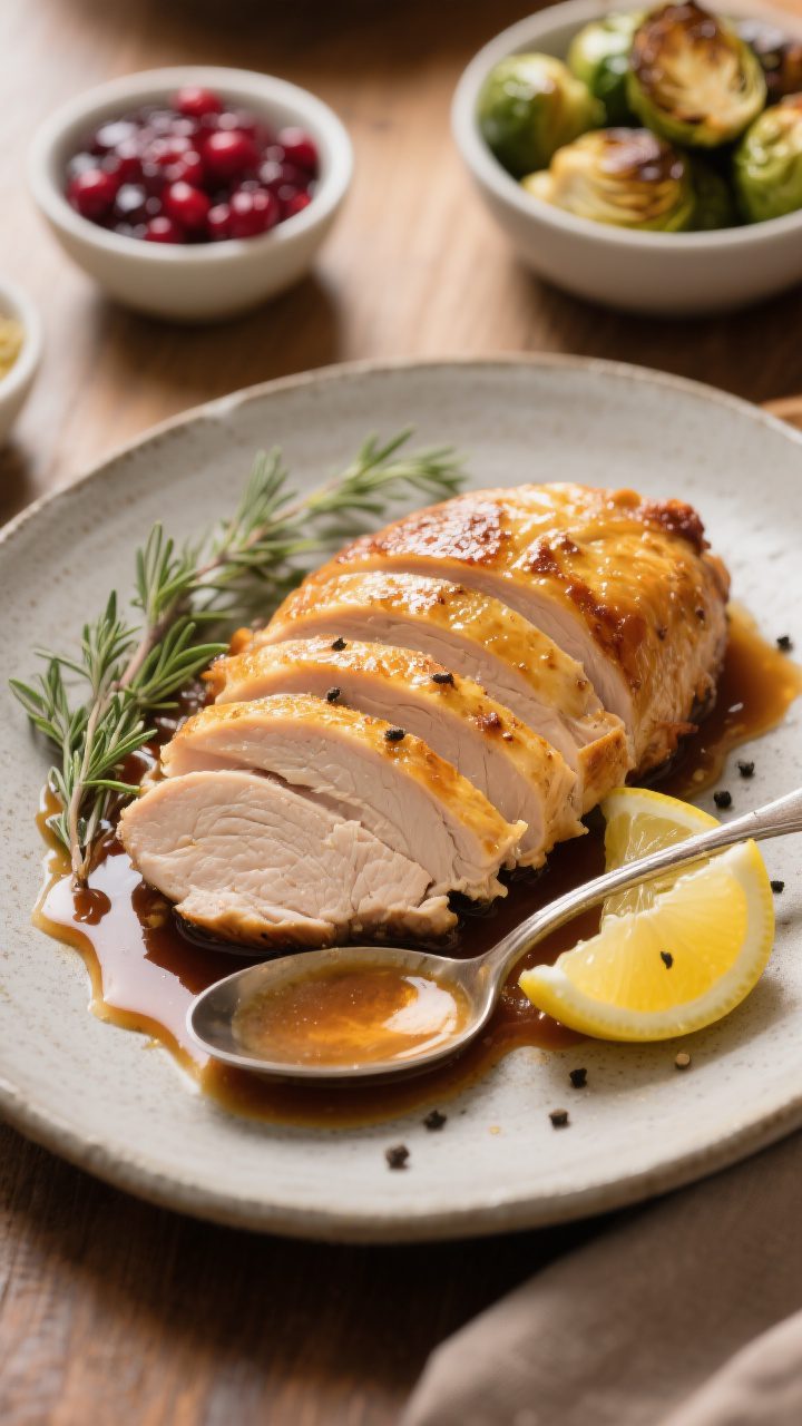 Final dish presentation: Beautifully plated roast turkey breast dinner for a small gathering—neatl