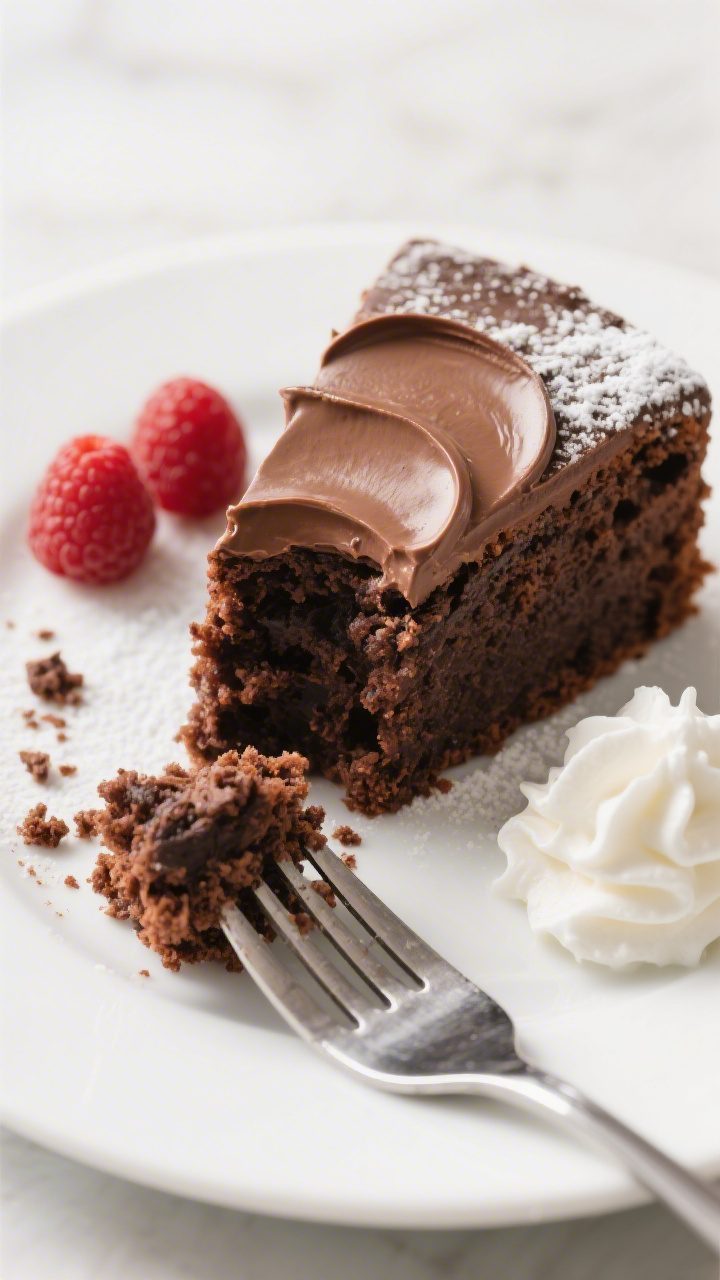 Final dish presentation: Beautifully plated slice of moist chocolate cake on a matte white plate, to