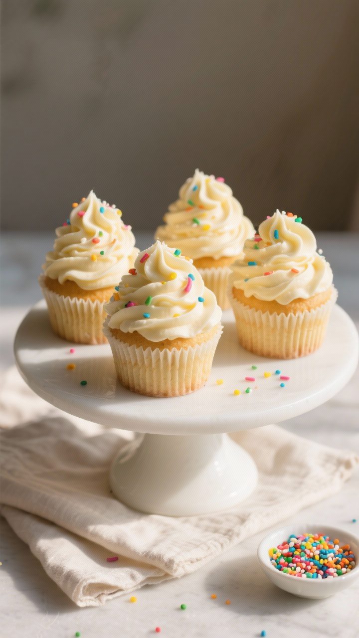 Final dish presentation: Beautifully plated vanilla cupcakes with tall, silky vanilla buttercream sw