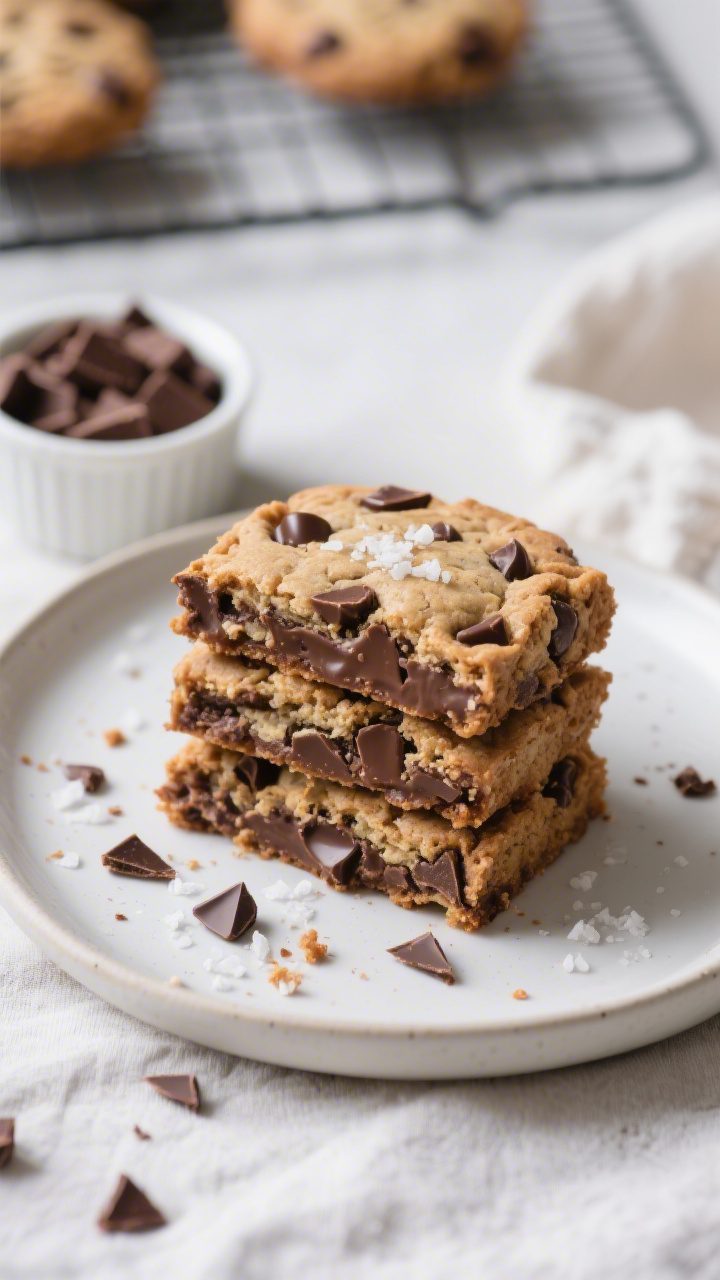 Final dish presentation: Beautifully sliced chocolate chip cookie bars stacked on a matte white plat