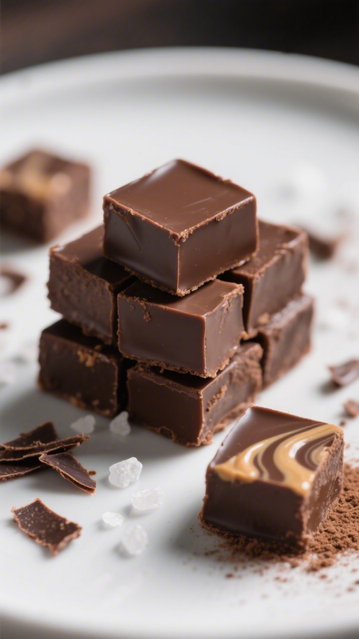 Final dish presentation, close-up: Neatly cut 1-inch squares of chocolate fudge stacked on a small m