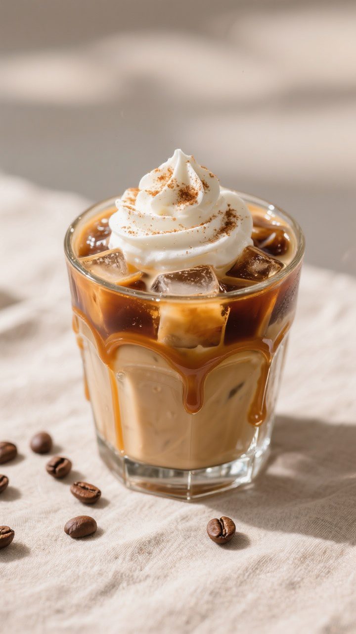 Final dish presentation: Coffee shop–style caramel iced latte variation—glass filled with coffee