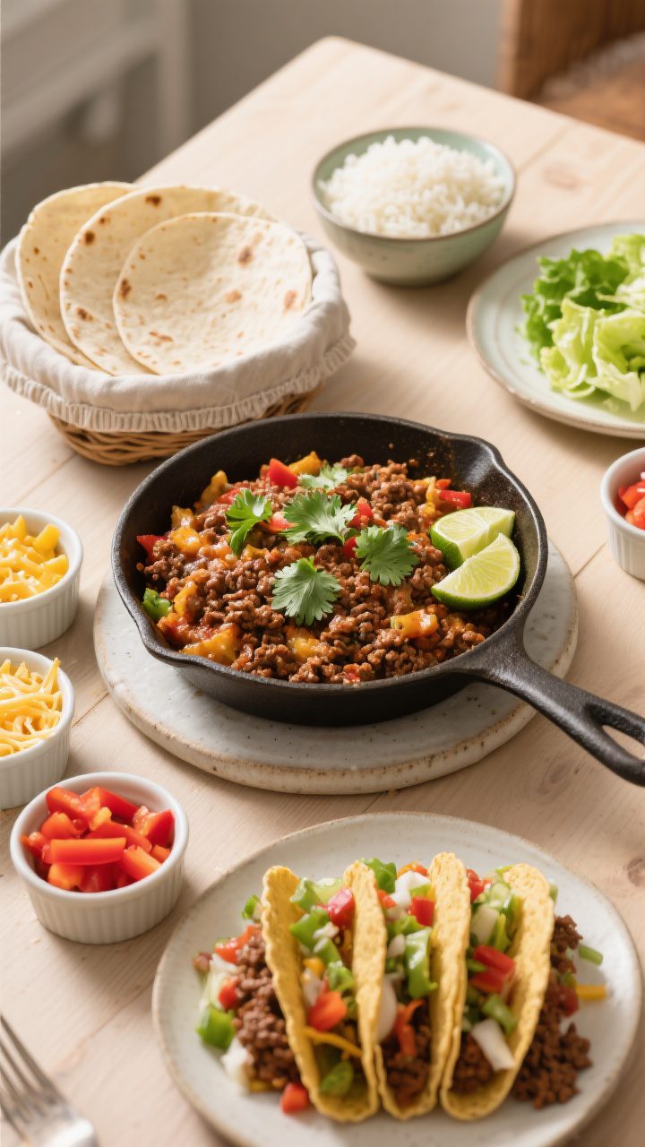 Final dish presentation — family-friendly serving spread: Top-down overhead scene of the finished
